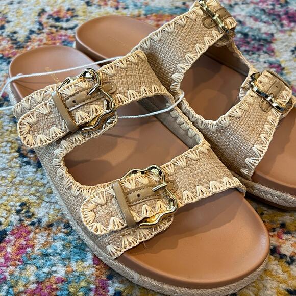 American Eagle AE Stitched Slide Sandals Natural Beige Tan Gold Buckles Size 10 - Picture 5 of 14
